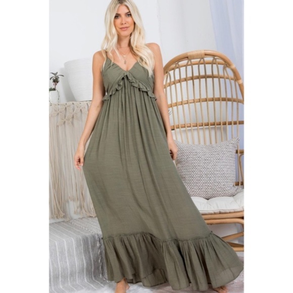 Dresses & Skirts - SOLD OUT Olive Bohemian Ruffle Long Full Length Sleeveless Casual Maxi Dress